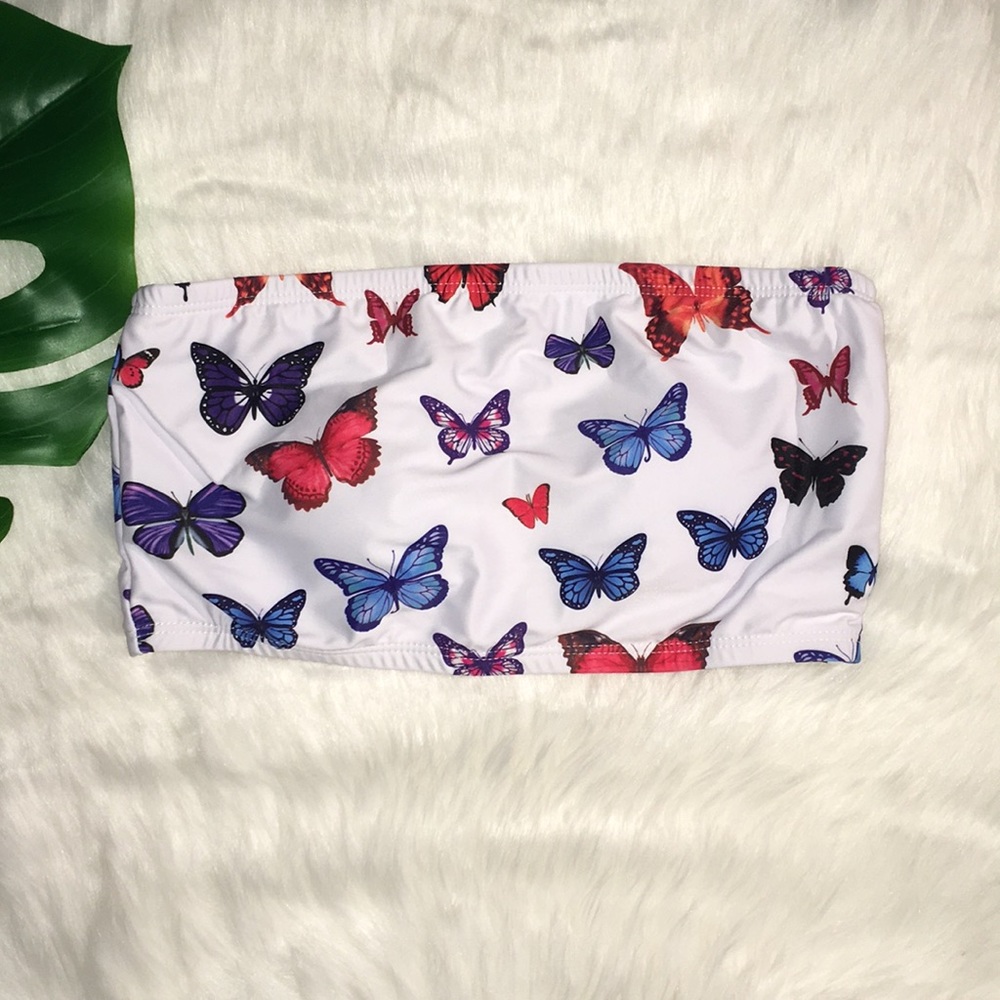 Butterfly Print White Bandeau Bikini Top - Purple & Red Accents